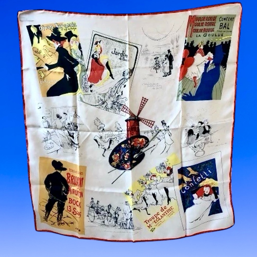 VTG MET Museum Toulouse Lautrec French Posters Silk Scarf 32x34 Moulin Rouge